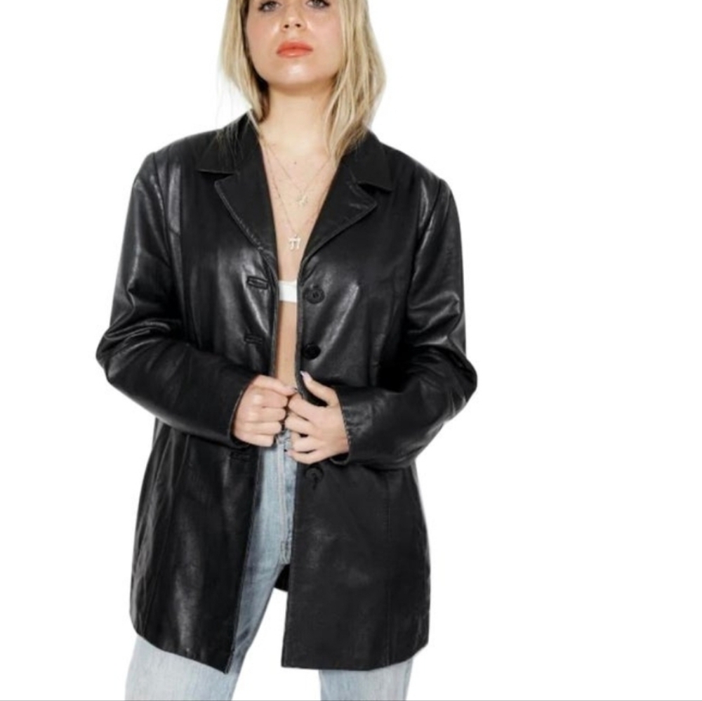 Wilson's Leather Black Leather Blazer Size XL Chic 90s Goth Dark Academia